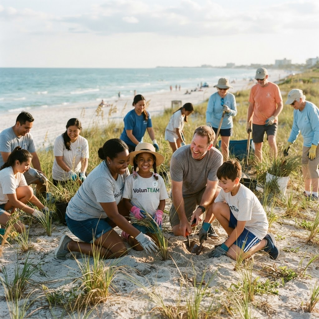 Neighbors planting native grasses together near a Florida beach